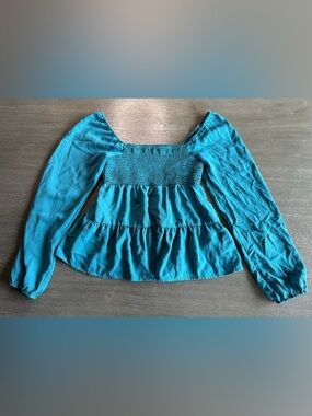 Paper Crane Teal Blue Tiered Smocked Long Sleeve Blouse S